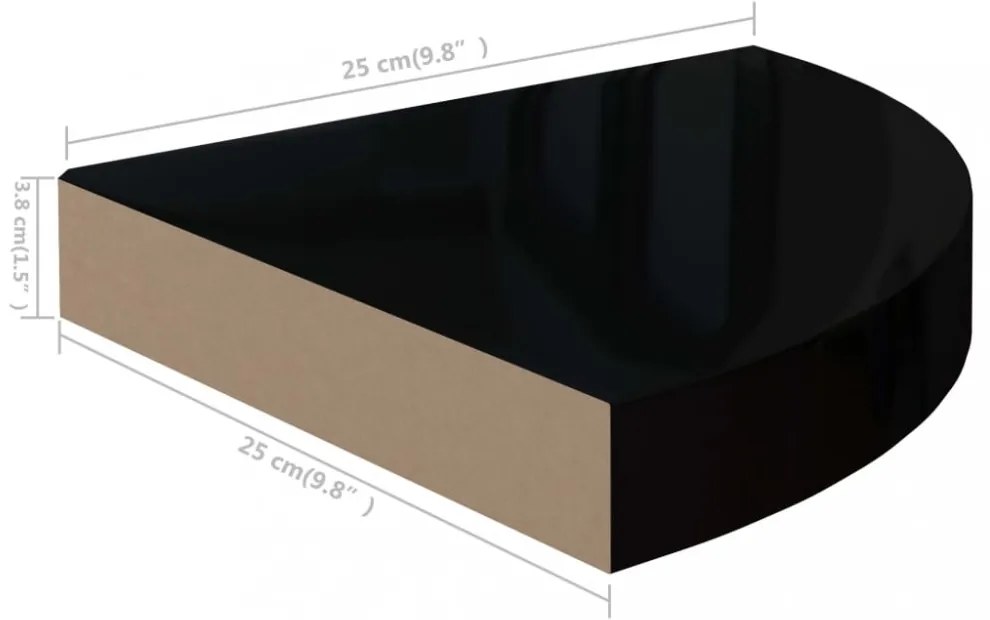 2 db magasfényű fekete MDF lebegő sarokpolc 25 x 25 x 3,8 cm