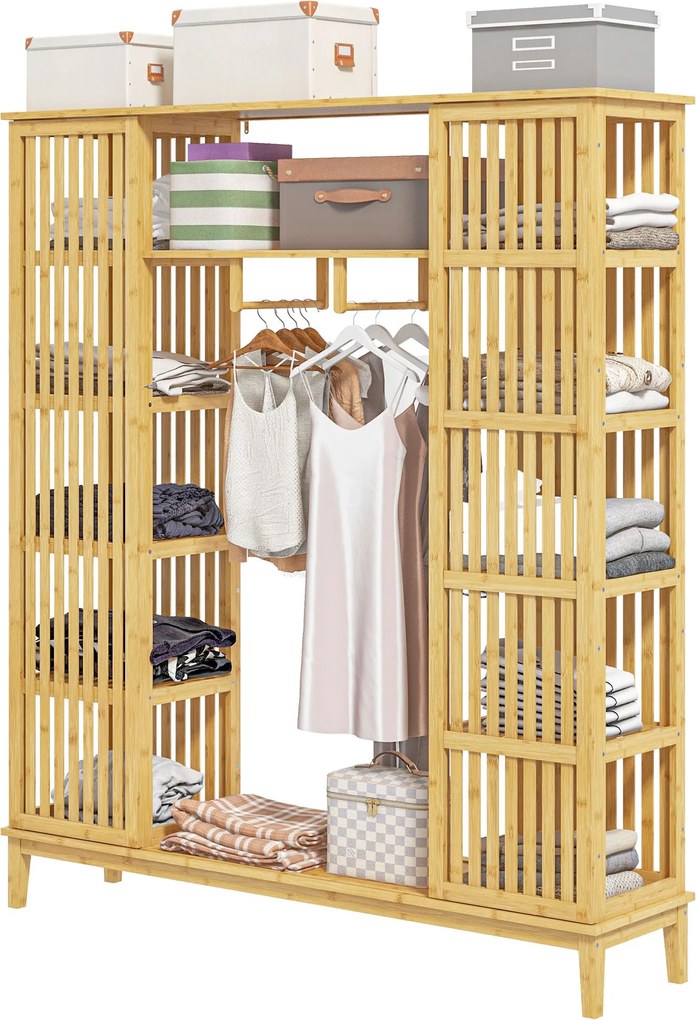 HOMCOM Bambusz Gardrób Ruházati Tároló 2 Csúszóajtóval, Nyitott Polcokkal és Akasztóval a Hálószobához, 145 x 35 x 165cm, Természetes Fa Befejezéssel