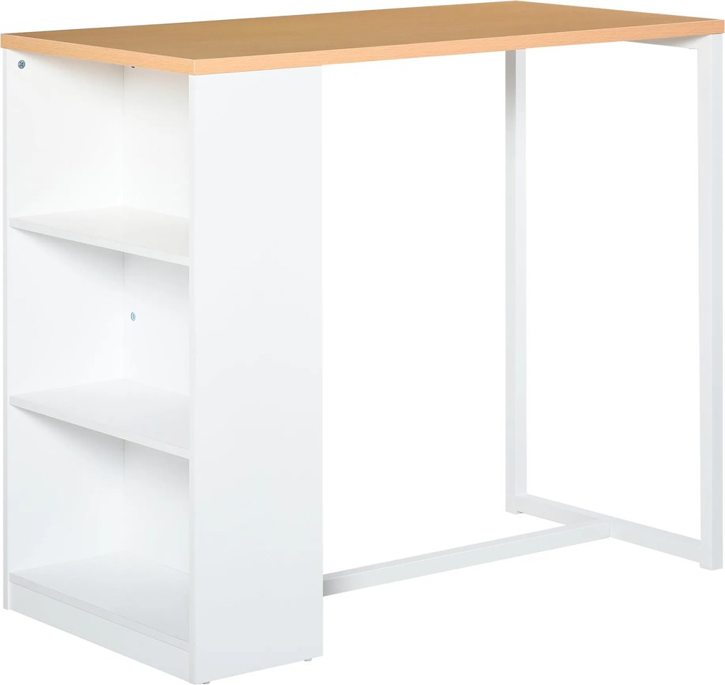 HOMCOM Magas Konyhai Asztal Bárasztal 3 Polccal, Antitip Funkciós Fém Váz, 100 kg Terhelhetőség, 115x55x100 cm Fehér és Tölgy | Aosom
