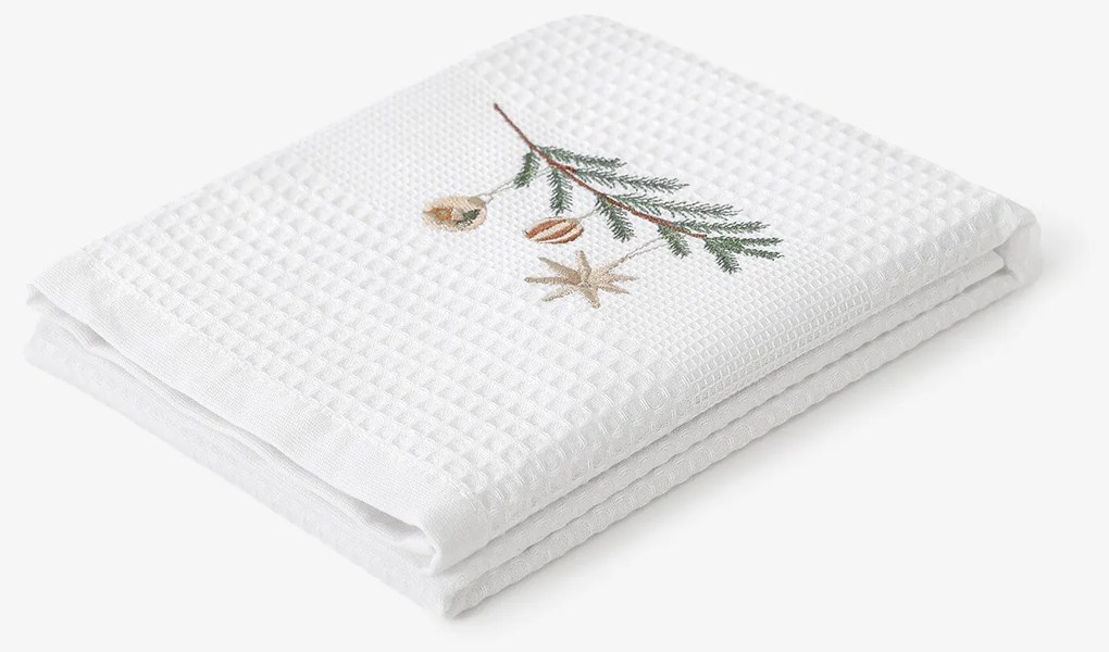 Goldea karácsonyi hímzett waffle konyharuha - gömbök az ágon fehér háttéren 50 x 70 cm