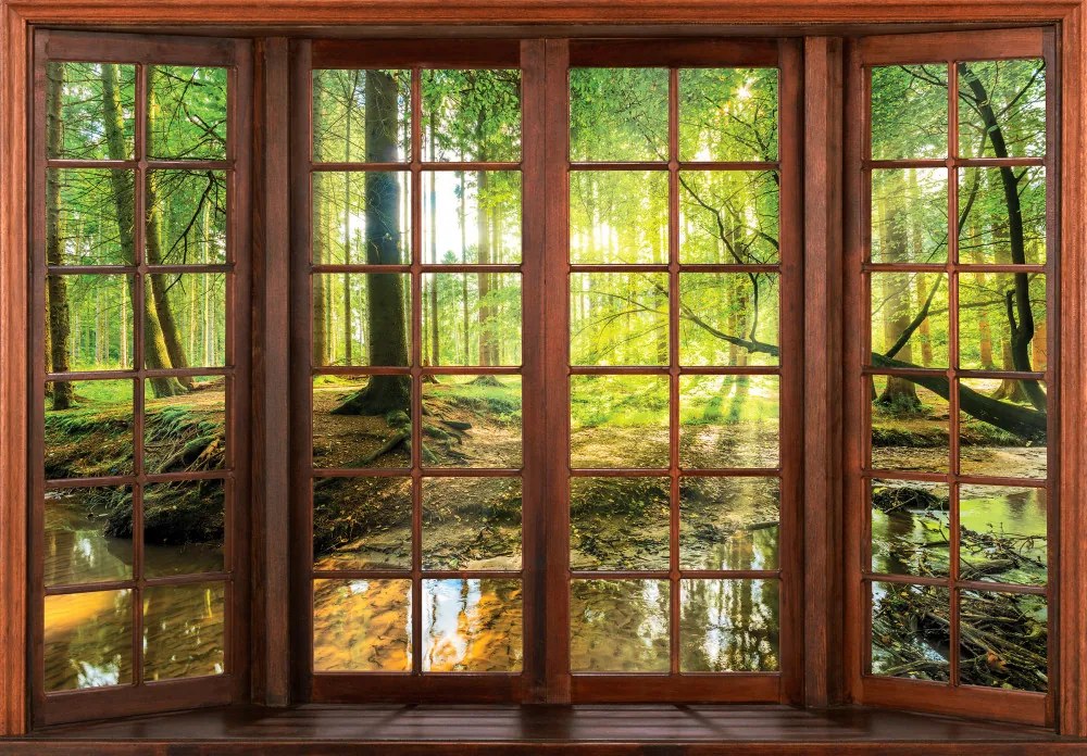 Ablakból kilátás erdőre poszter, fotótapéta, Vlies (400 x 280 cm)