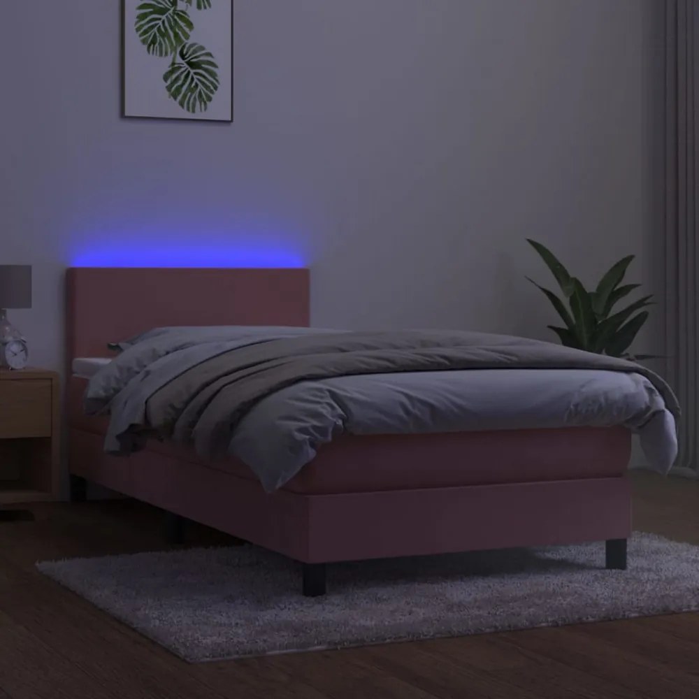 rózsaszín bársony rugós és LED-es ágy matraccal 80 x 200 cm