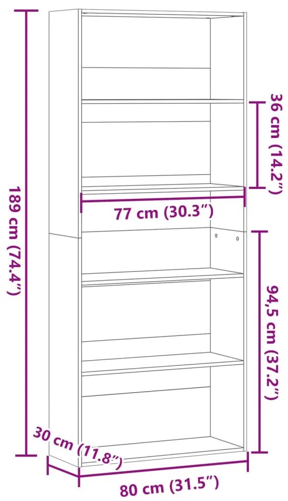 antik fa színű szerelt fa könyvszekrény 80 x 30 x 189 cm