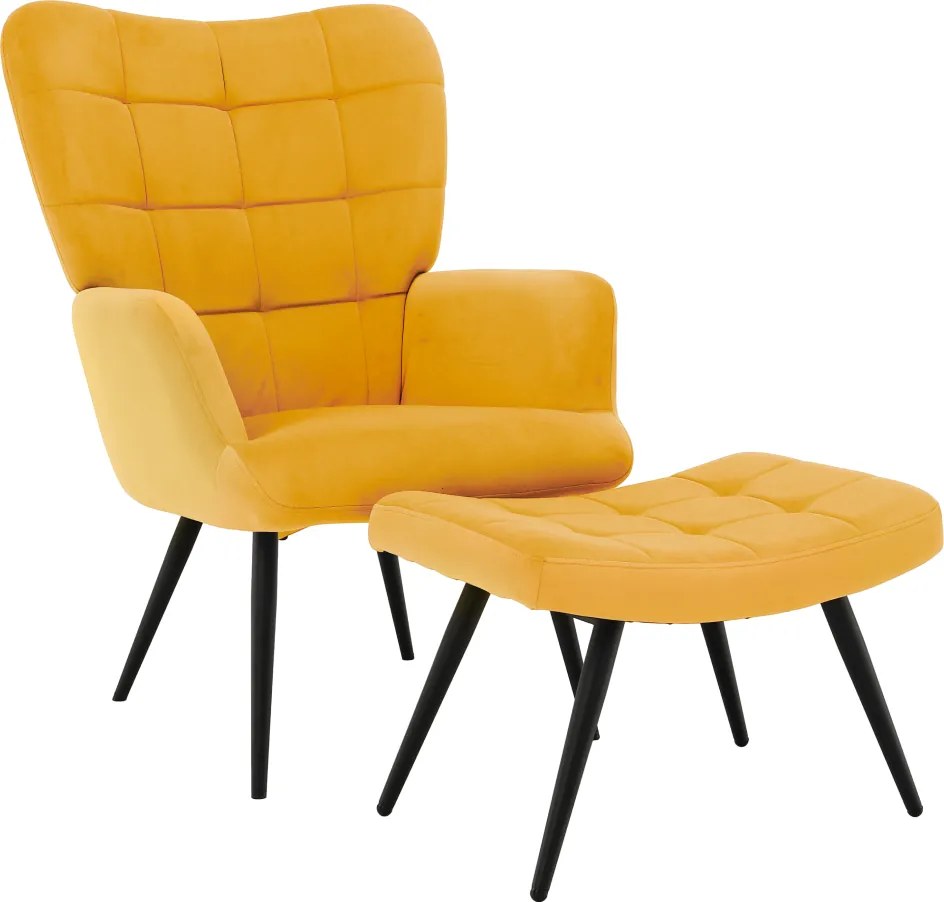 Fotel lábtartóval, sárga Velvet szövet/fekete, HABEN