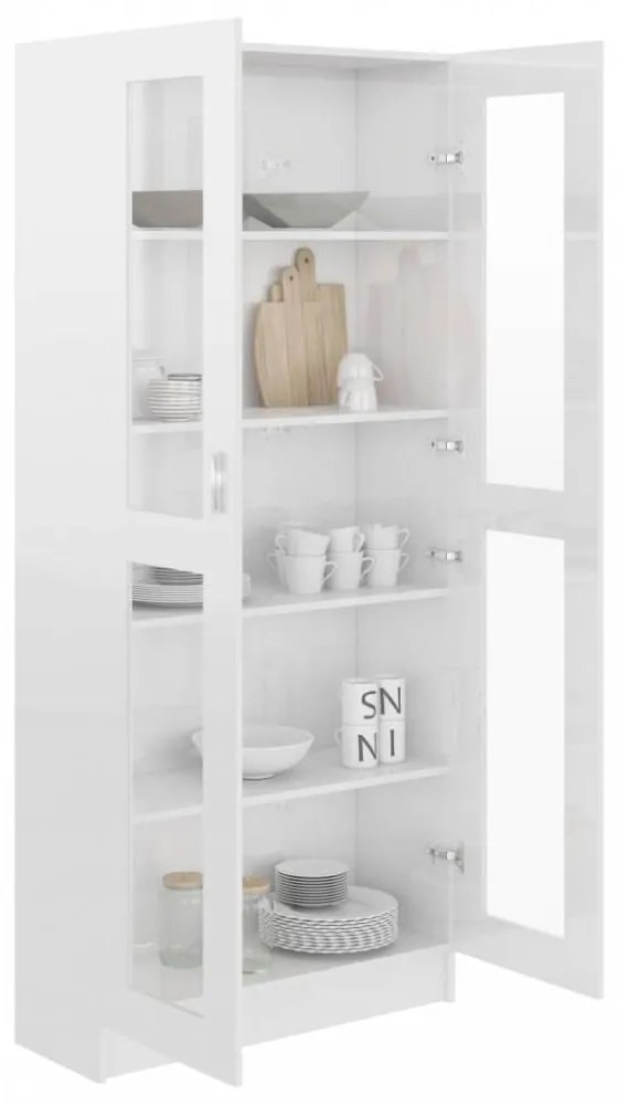 Magasfényű fehér forgácslap vitrinszekrény 82,5x30,5x185,5 cm