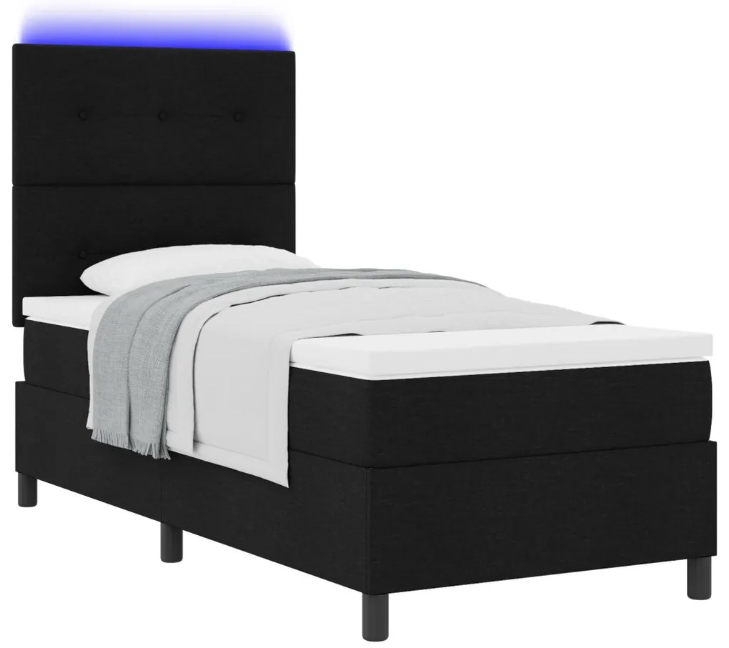 Rugós ágy matraccal és LED, fekete, 80 x 200 cm, szövet.