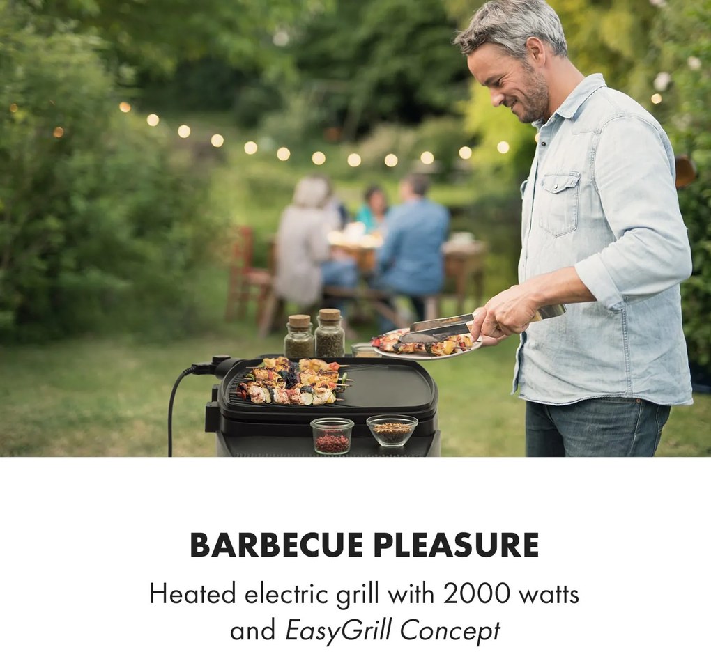 Klarstein Gatsby, elektromos grill, 2000 W, tapadásmentes felület, oldalsó asztalok, fekete