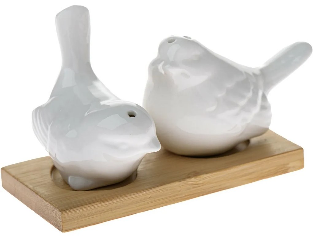 Porcelain salt and pepper shakers with saucerBirds