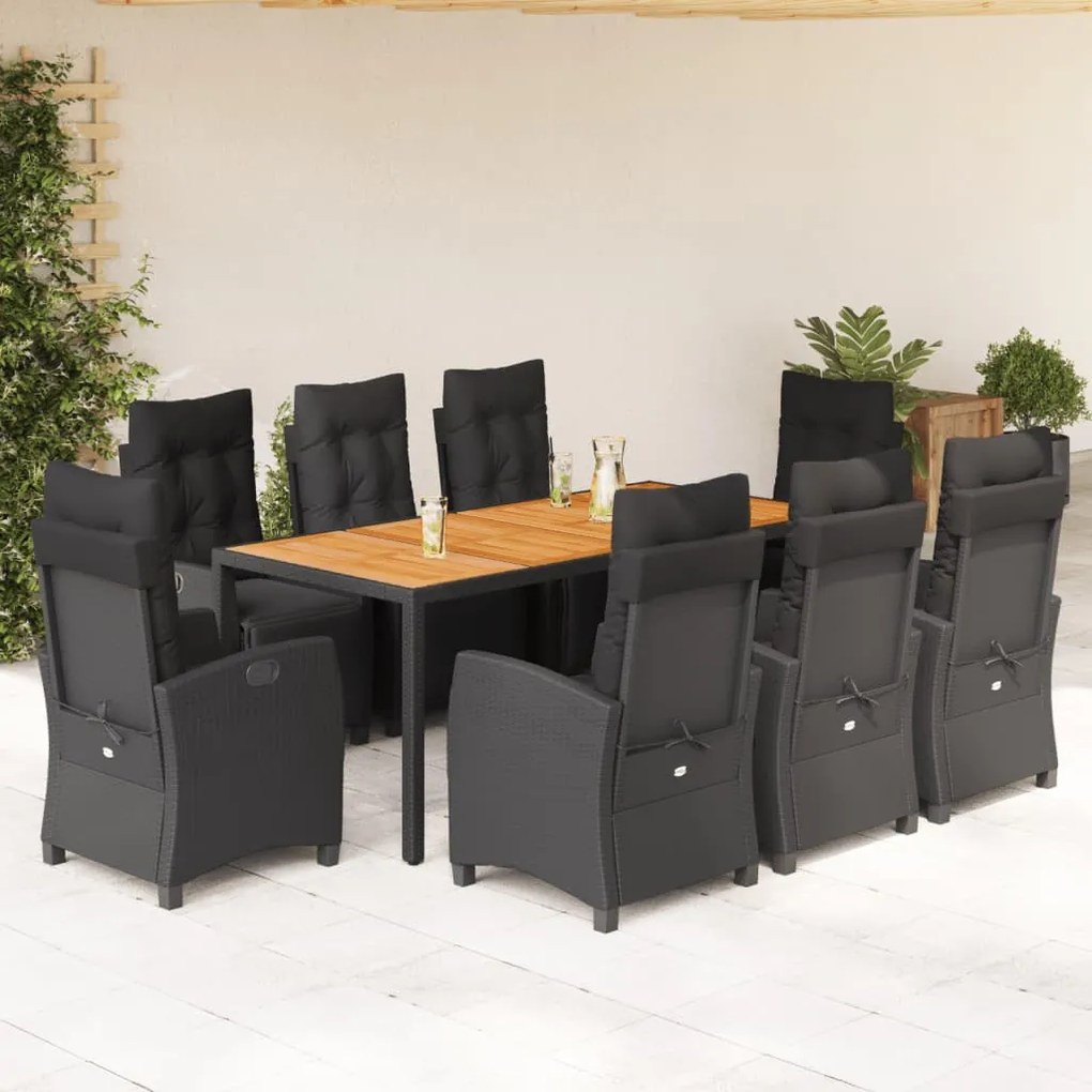 9 részes fekete polyrattan kerti étkezőgarnitúra párnákkal