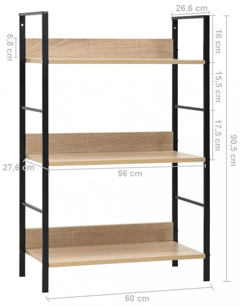 3 szintes tölgyszínű szerelt fa könyvespolc 60 x 27,6 x 90,5 cm
