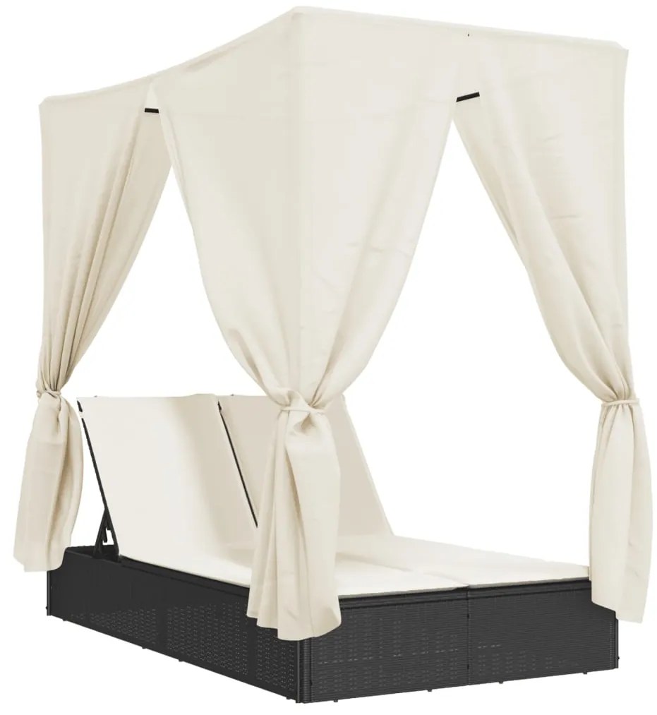 vidaXL fekete polyrattan dupla napozóágy tetővel és függönnyel