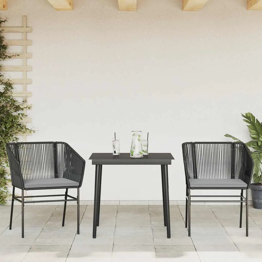 3 részes fekete polyrattan üveg kerti étkezőgarnitúra párnákkal