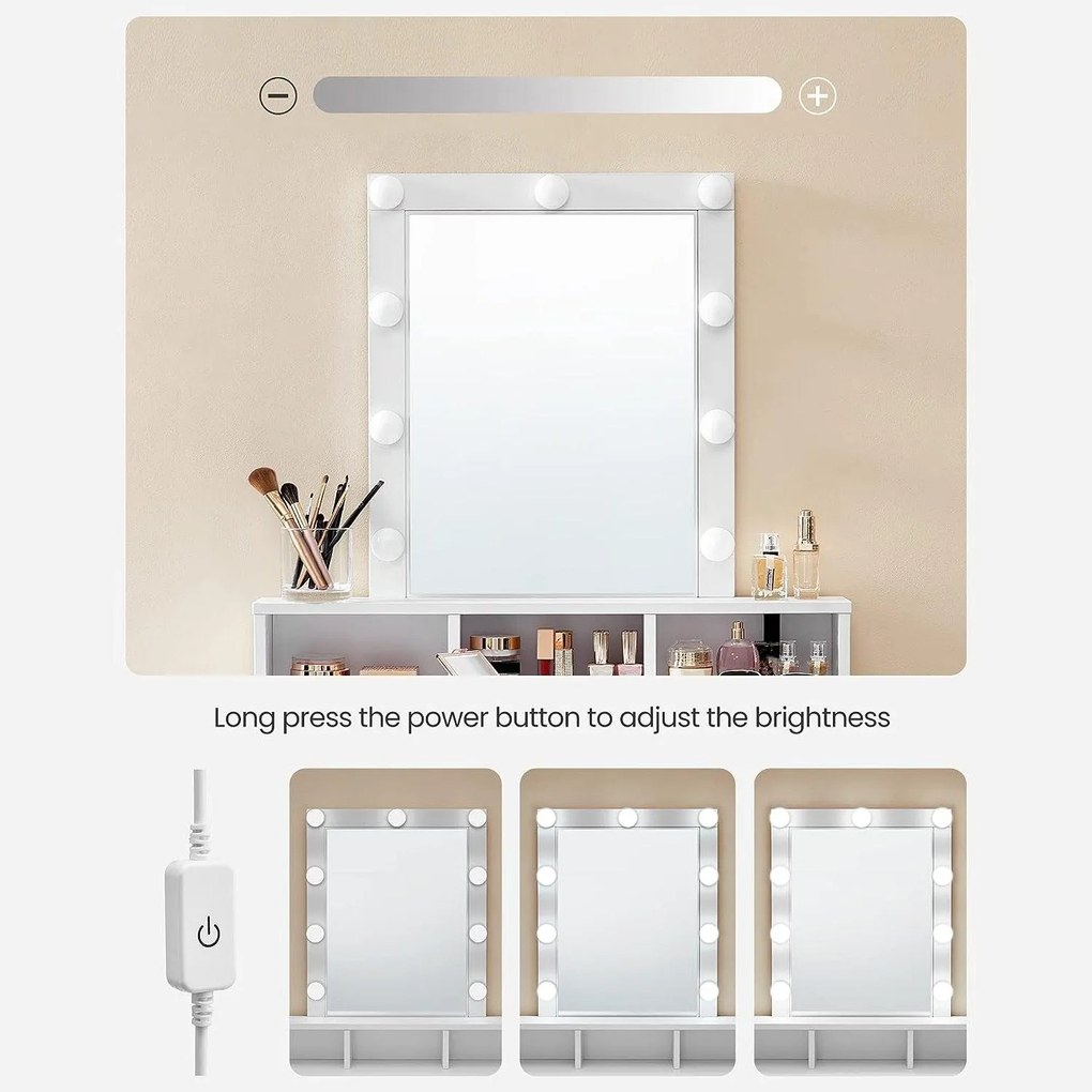 Fésülködőasztal, sminkasztal tükörrel fiókokkal, fehér 80x40x145cm