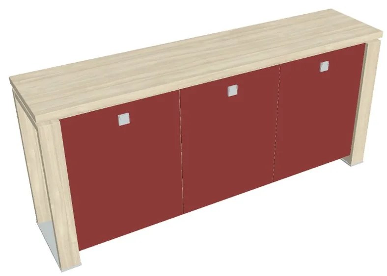 Verno+ alacsony szekrény 200 x 46 x 90 cm, üvegajtó, akác / piros
