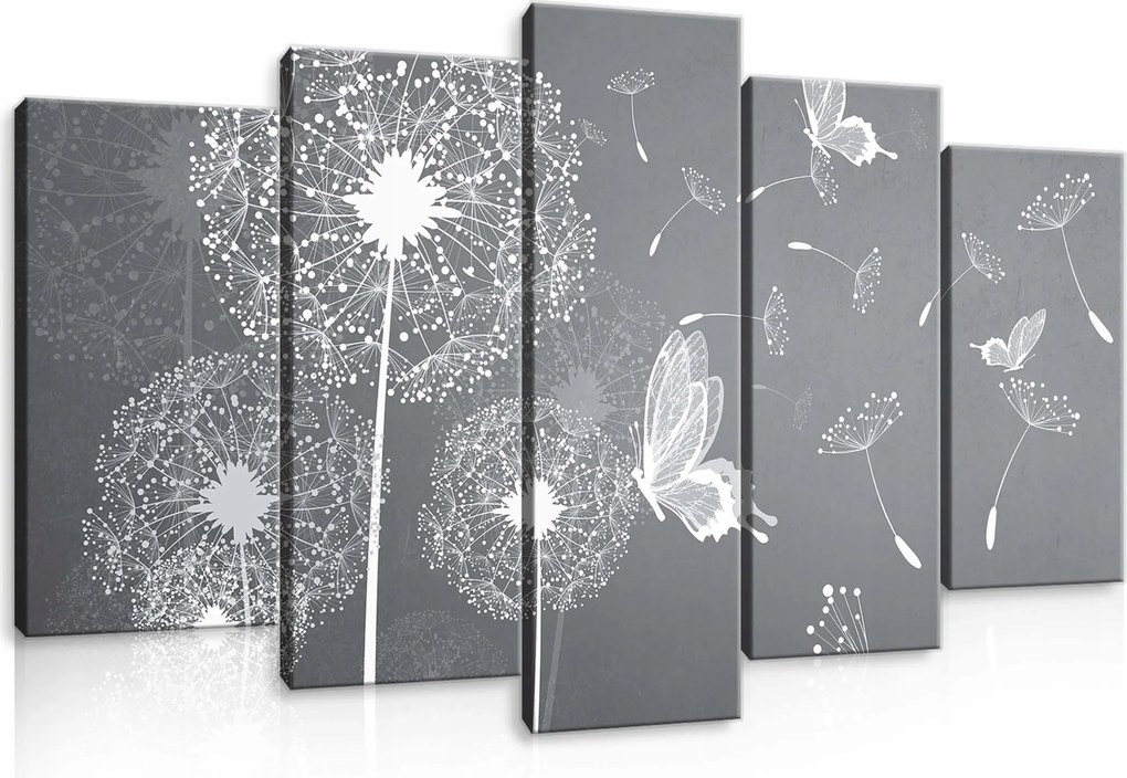 Vászonkép 100x60 Pitypang pillangó szürke fehér minimalizmus természet könnyed nyugalom