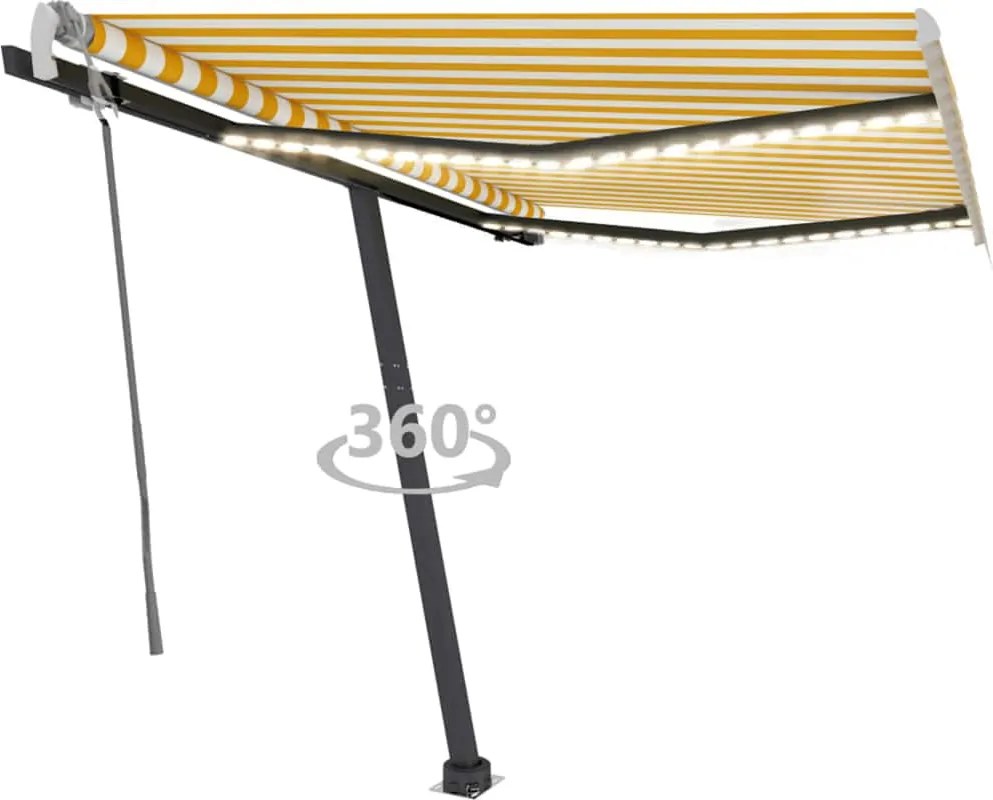 vidaXL sárga és fehér kézzel kihúzható LED-es napellenző 300 x 250 cm