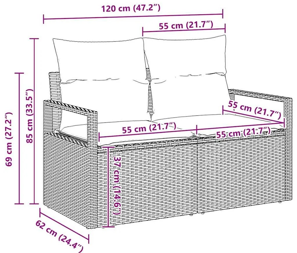 Kerti Kanapé Szett 6 pcs Fekete 55 x 55 x 37 cm polirattan