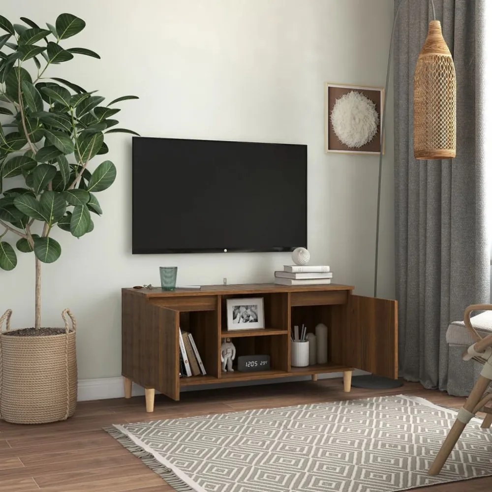 barna tölgyszínű TV-szekrény tömör falábakkal 103,5x35x50 cm