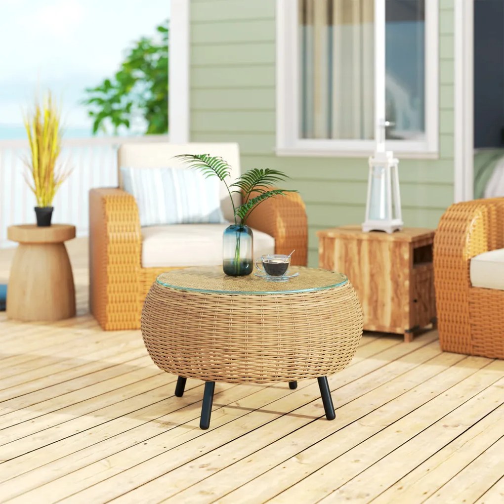 Rattan kerek kerti asztal, üveglappal, barna Ø75 x 42 cm