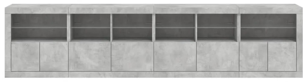 betonszürke tálalószekrény LED-világítással 283x37x67 cm