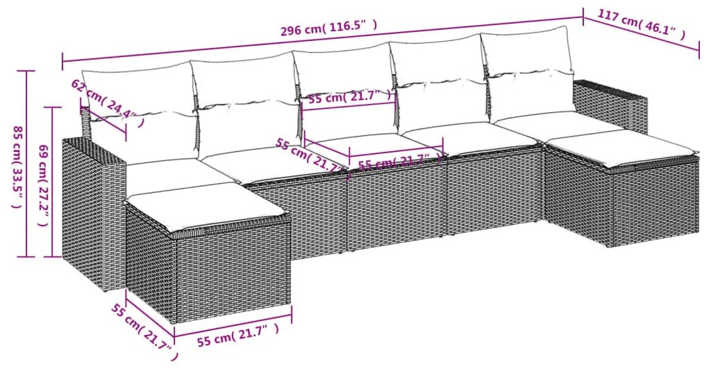 7 részes szürke polyrattan kerti ülőgarnitúra párnákkal