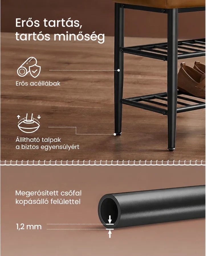 VASAGLE EKHO cipőtartó pad, 3 tárolószinttel és párnázott ülőfelülettel, 80 × 30 × 50 cm, karamellbarna