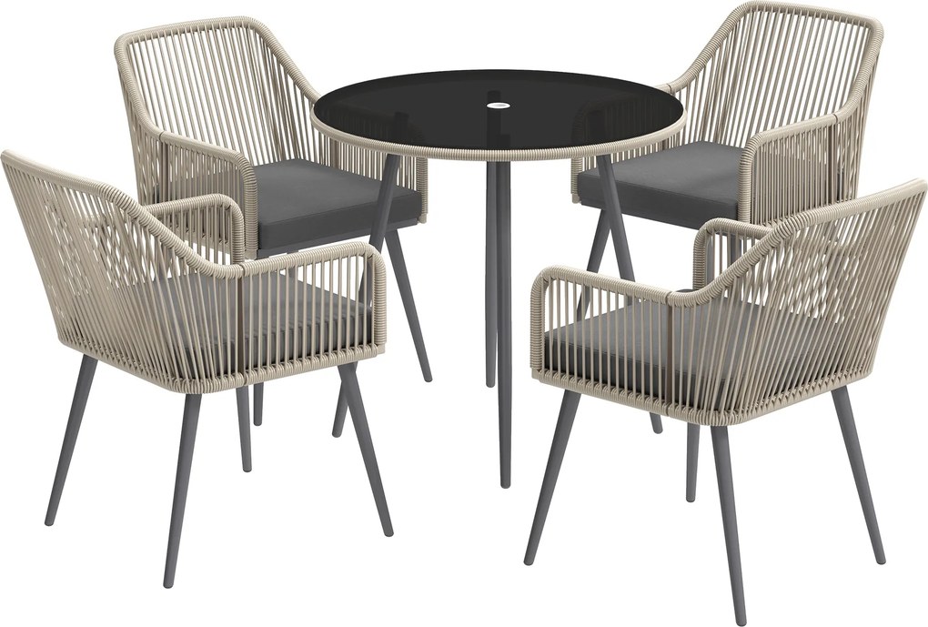 Outsunny 4 személyes kültéri kertészeti szett barna rattan gyantából, kültéri asztallal és párnázott székekkel, kerek üvegasztallal, teraszhöz, verand