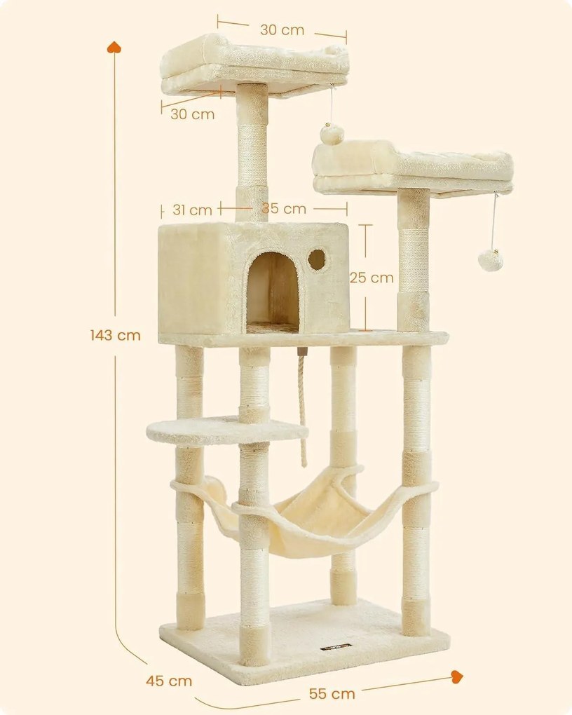 Macskafa, stabil macska torony, 143 cm, bézs | feandrea