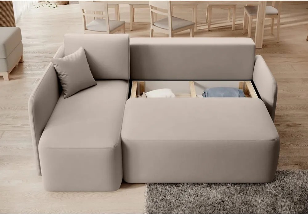 Bézs bársony kinyitható-tárolóhelyes sarokkanapé (bal oldali-heverő résszel) Hadson – ELTAP