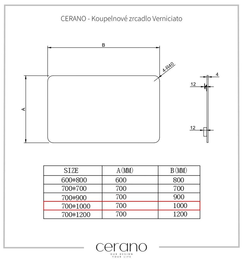 CERANO - Verniciato téglalap alakú fürdőszobai tükör - 100x70 cm