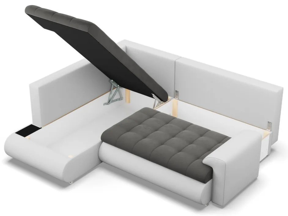 Tokio sarokkanapé, L alakú háttámlával, 2 ágyneműtartóval, bársony + műbőr, baloldali, szürke - fehér