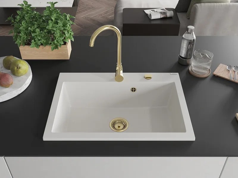 Mexen Elix 1 rekeszes gránit mosogató 700 x 500 mm, fehér, arany szifon - 6526701005-20-G