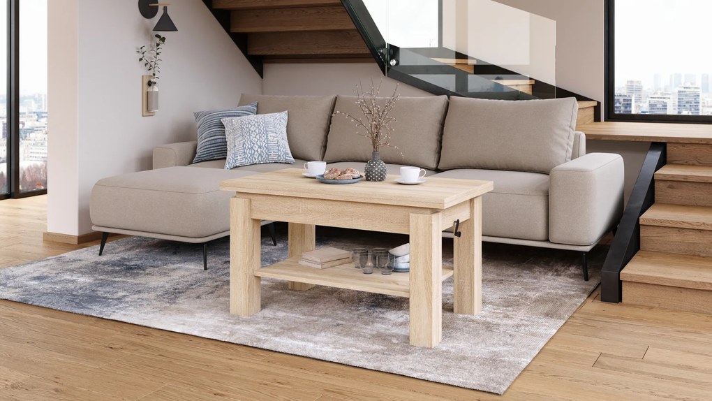 Mazzoni BRAWO Sonoma Tölgy - NYITHATÓ/MAGASÍTHATÓ DOHÁNYZÓASZTAL POLCCAL ÉTKEZŐASZTALKÉNT IS HASZNÁLHATÓ