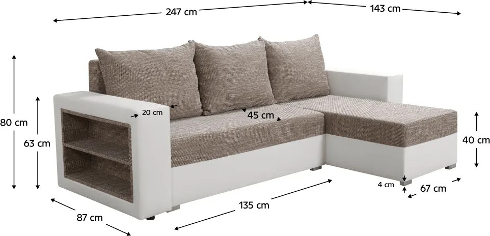 Kinyitható ülőgarnitúra polccal, fehér/barna melír, jobbos, MERAK ROH