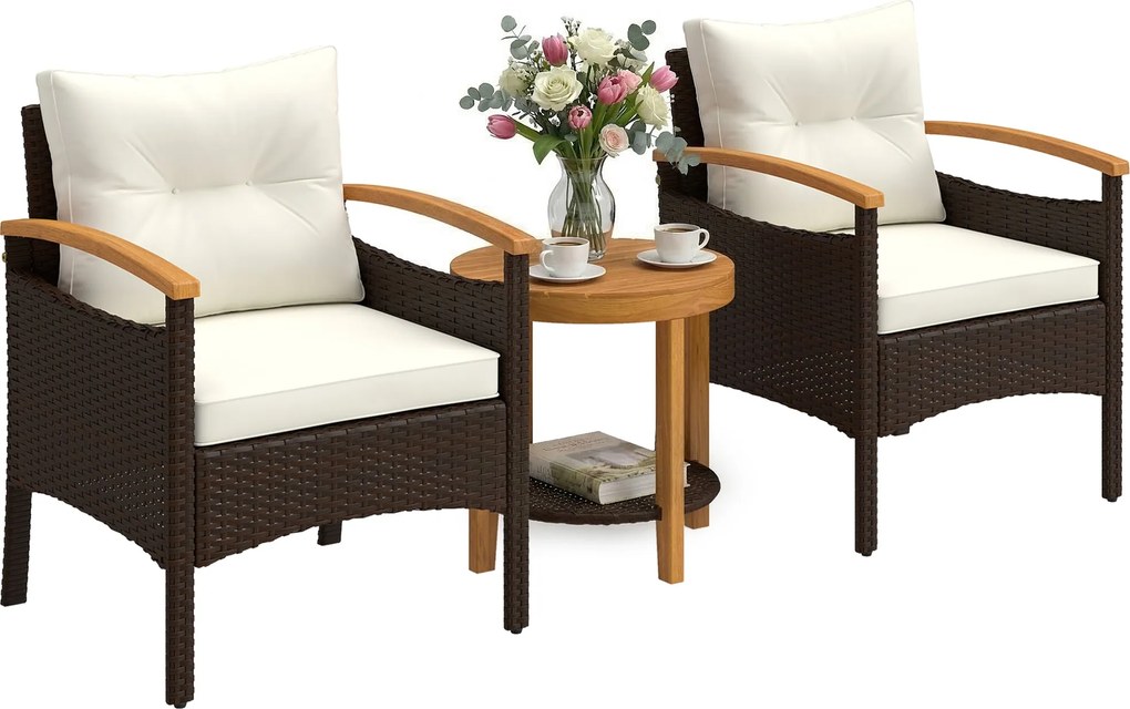 Outsunny 3 részes rattan bisztró szett – FSC kertibútor, 2 karfás fotel, 2 szintes akácfa asztal, vastag mosható párnák, krémfehér | Aosom