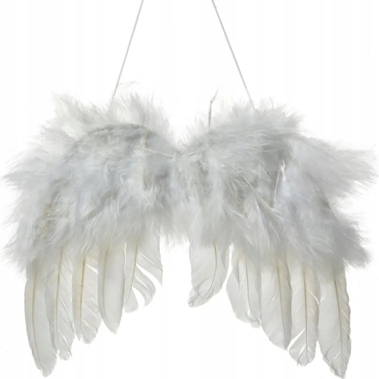 Karácsonyi lógó dísz fehér angyalszárnyakkal, tollakkal 20x17 cm