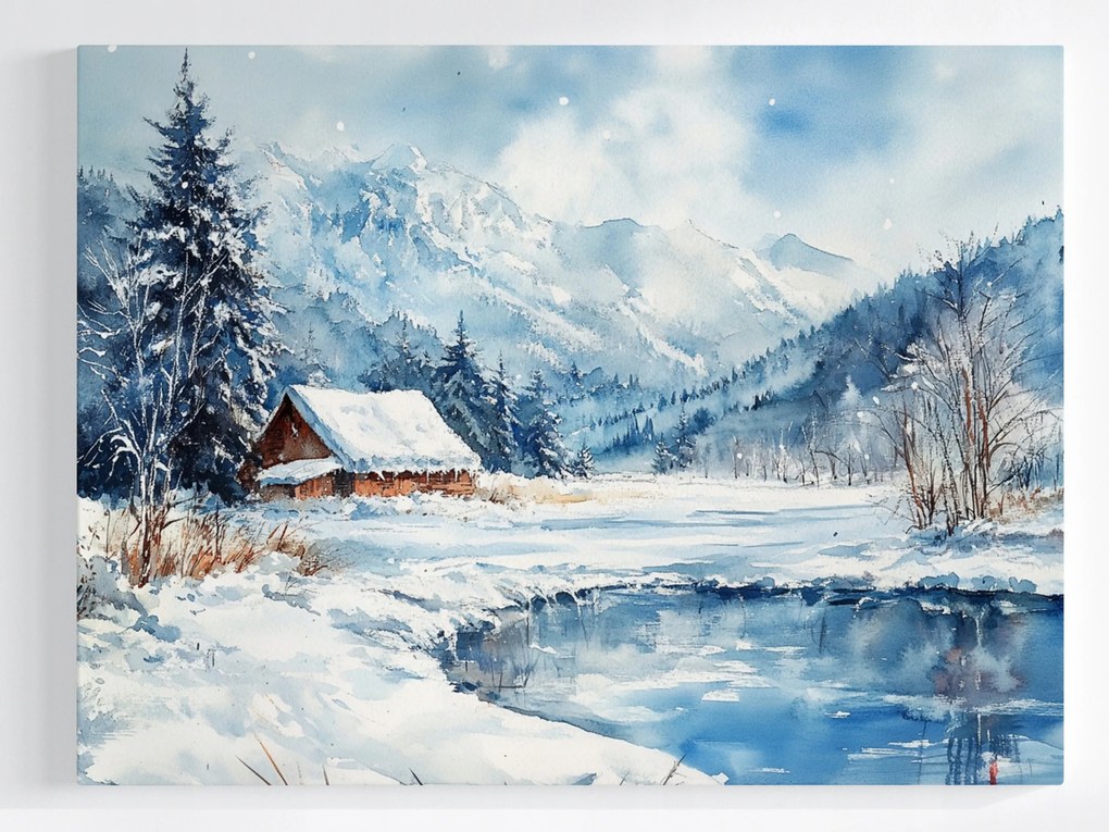 Vászonkép Canvas Tájkép Hegyek Tó Ház Tél Hó 80x60