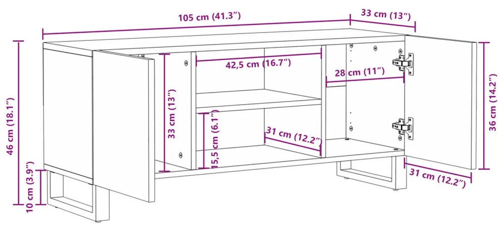 TV Szekrény, 105 x 33.5 x 46 cm, tömör mangófából készült.