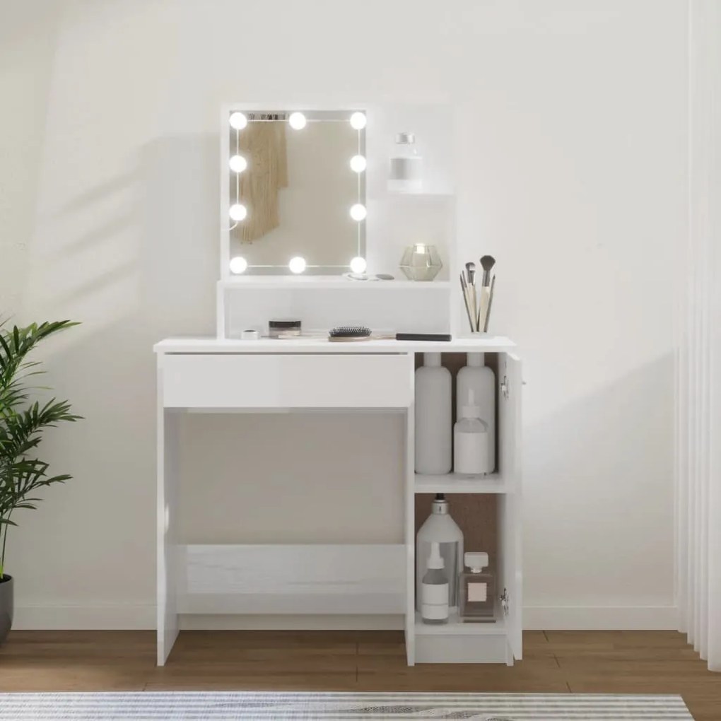 Magasfényű fehér fésülködőasztal LED-del 86,5 x 35 x 136 cm