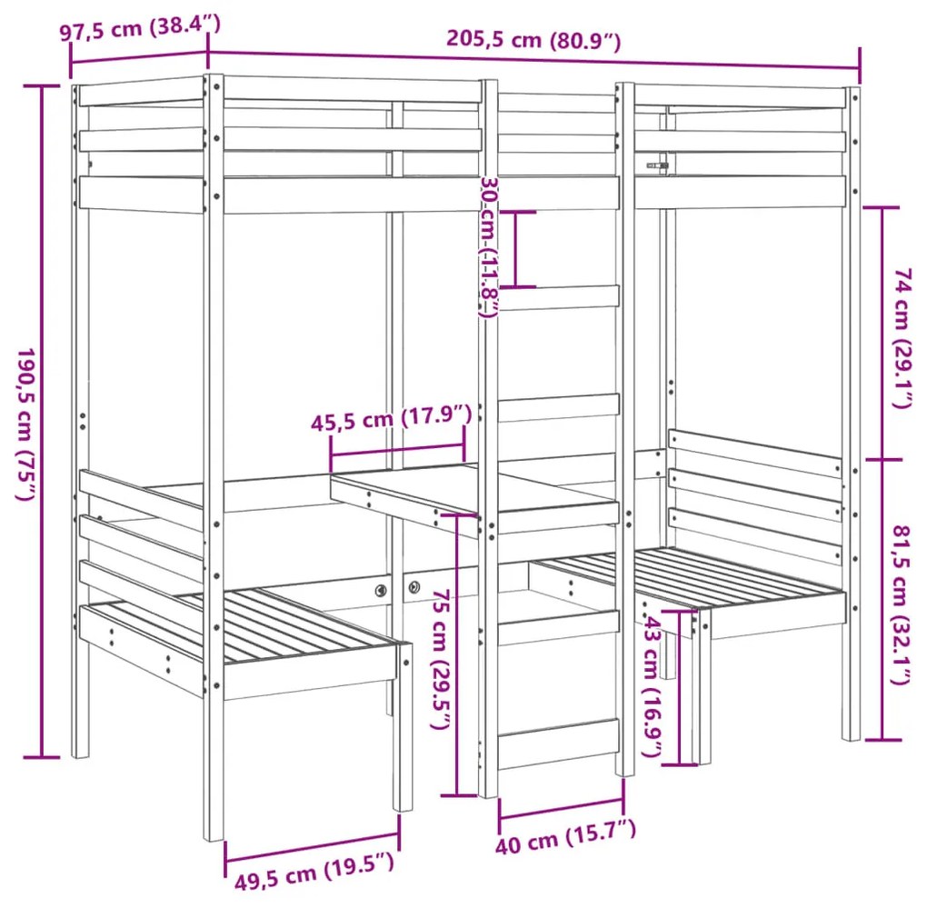 fehér fenyő galériaágy-keret asztallal és székekkel 90 x 200 cm