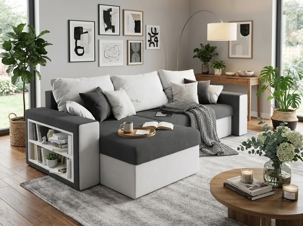 Kihúzható, kétoldalas L alakú kanapé NORIX 240x140 cm, szürke/fehér polccal + 2 díszpárna ingyen