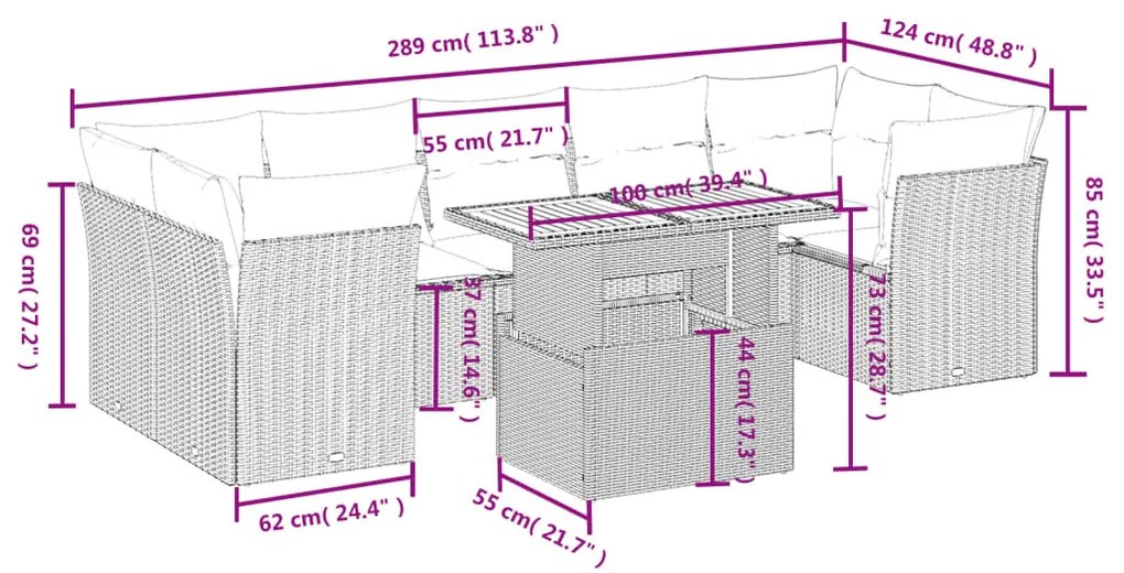 8 részes szürke polyrattan kerti ülőgarnitúra párnákkal