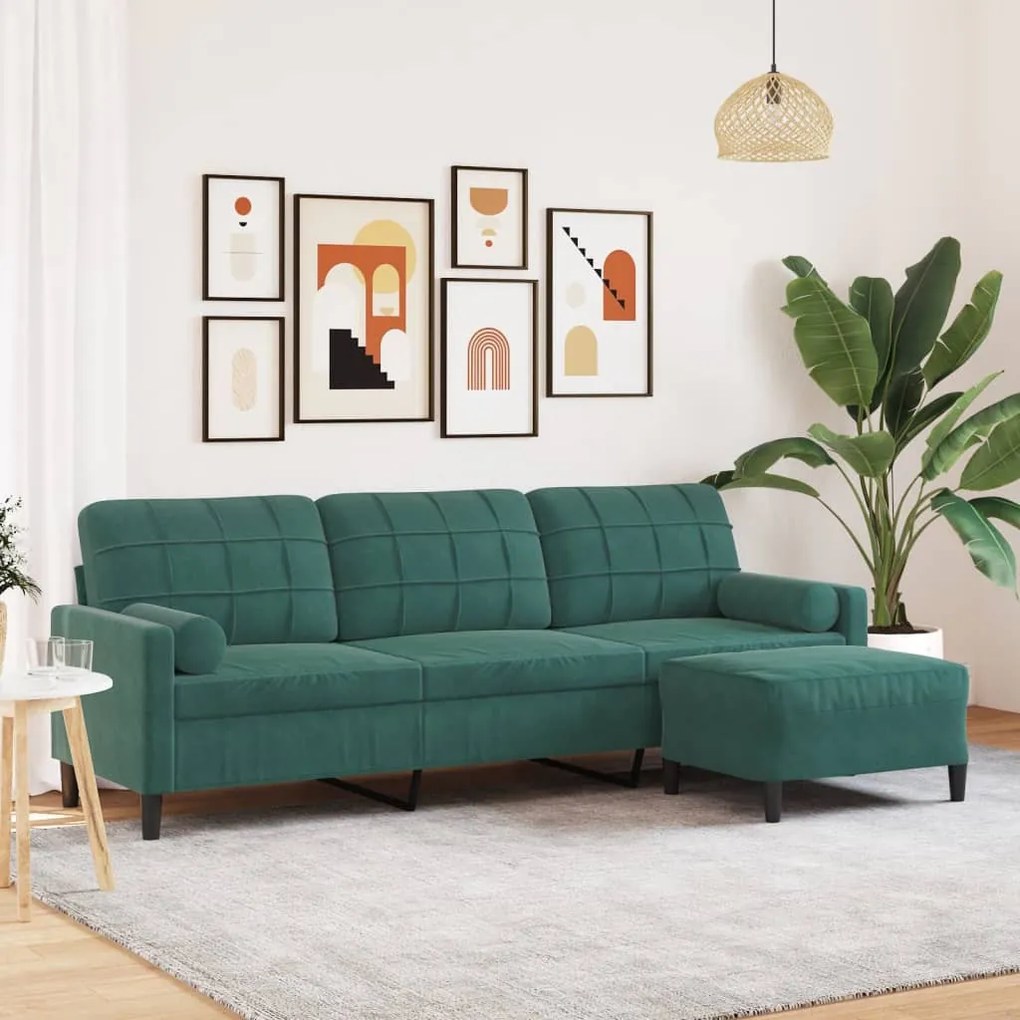 3 személyes sötétzöld bársony kanapé lábtartóval 210 cm