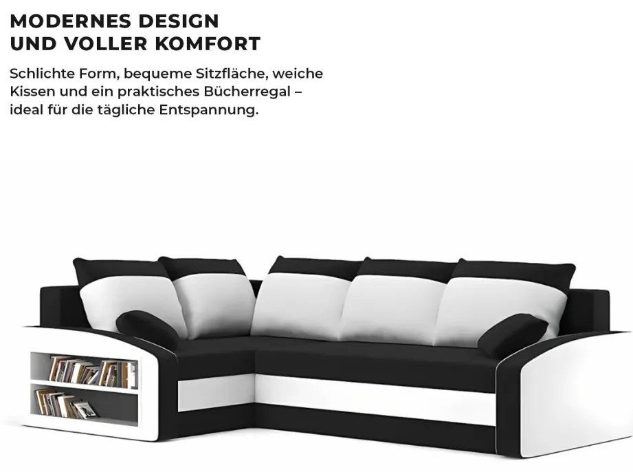 Grande sarokkanapé polcokkal , polc a bal karfaban, baloldali, szövet anyag, bonell töltet, fekete - fehér