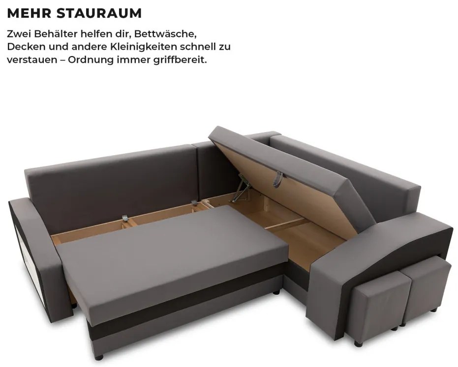 Grande sarokkanapé polcokkal és puffokkal , polc a bal karfaban puffok a jobb karfaban, jobboldali, szövet anyag, hab töltet, szürke - fekete