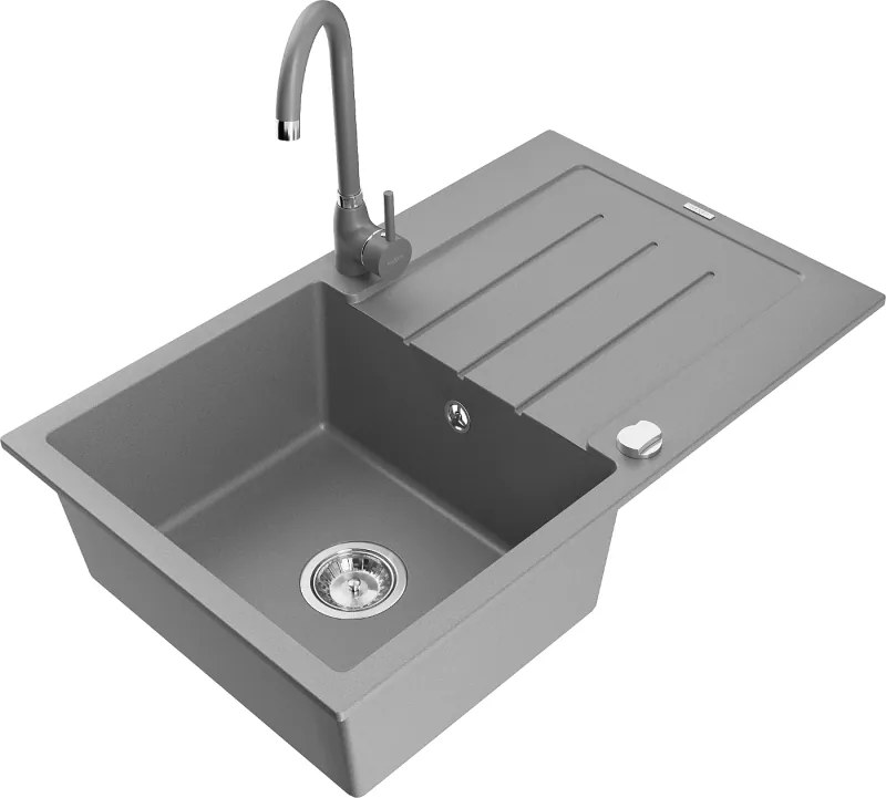 Mexen Bruno egykamrás gránit mosogató lefolyóval és Telma konyhai csapteleppel, szürke - 6513-71-670200-71