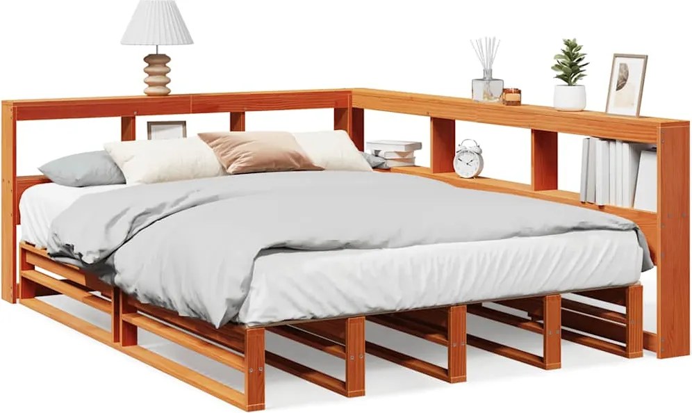 vidaXL barna tömör fenyőfa könyvespolcos ágy matrac nélkül 150 x 200cm