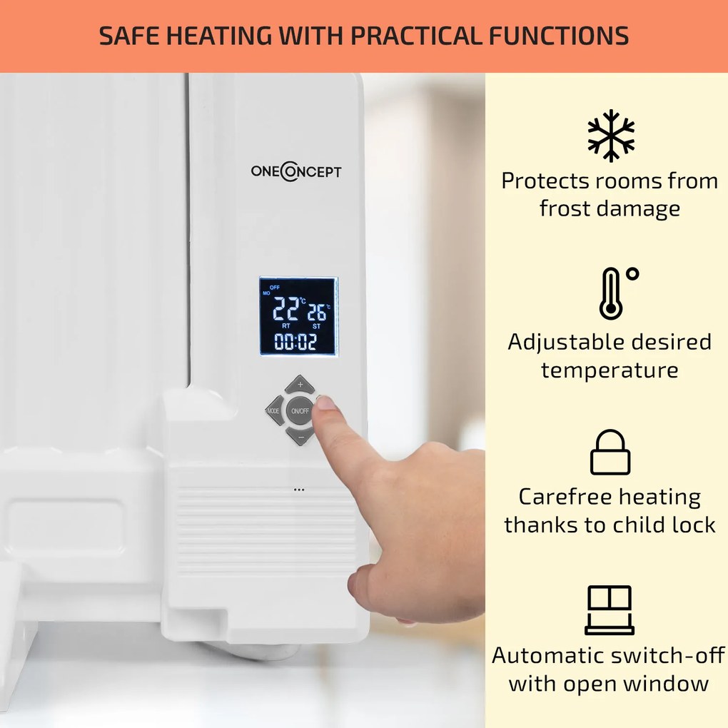 OneConcept Wallander, olajradiátor, 600 W, termosztát, olajfűtés, lapos design, fehér