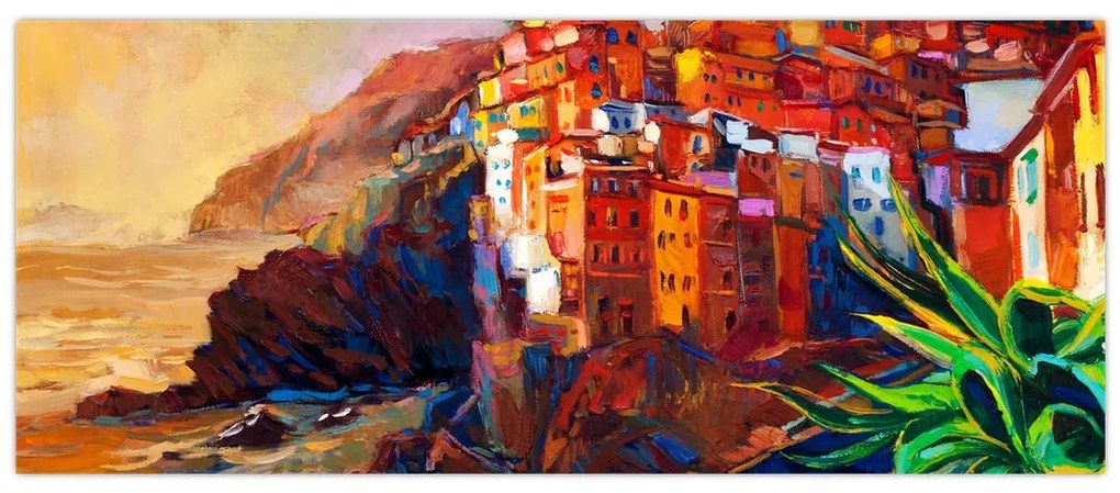 Kép - Falu Cinque Terre partján, az olasz riviérán, modern impresszionizmus (120x50 cm)