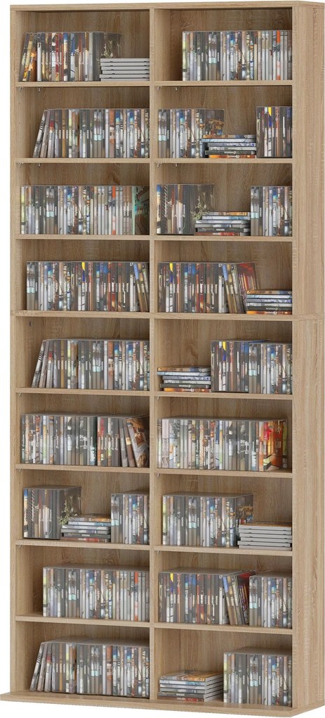 HOMCOM médiapolc CD-khez, DVD-khez és Blu-rayekhez – Akár 640 CD/360 DVD/430 Blu-ray, állítható polcok, natúr fa hatású (78,5 x 24 x 175 cm) | Aosom